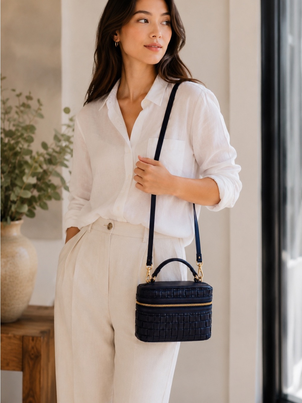 Ann Taylor Leather Woven Top Handle & Crossbody Bag Midnight Navy